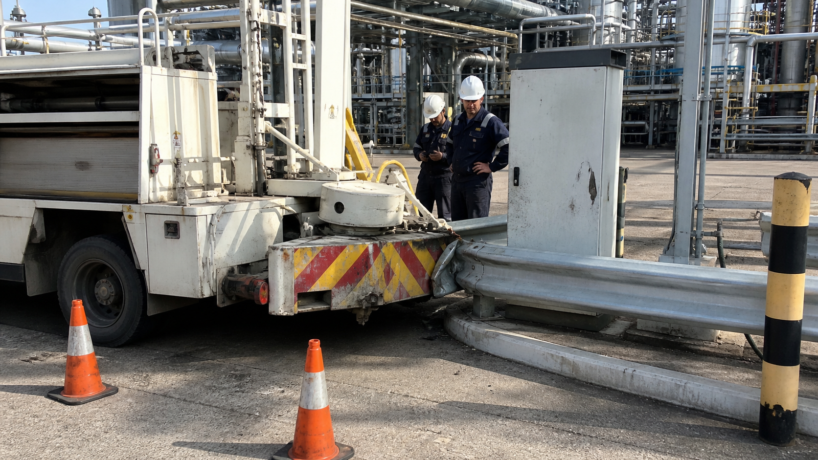 Tái dựng tình huống: Xe bảo trì lùi va tủ kỹ thuật và barrier