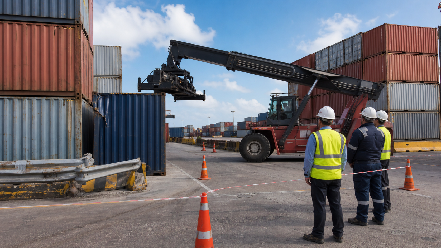 Tái dựng tình huống: Reach stacker va container tại giao lộ khuất